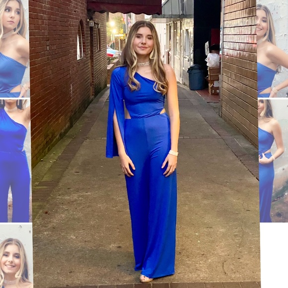 SEXY VENUS BLUE ONE SHOULDER SIDE CUT OUT JUMPSUIT ~ One Shoulder Flowy Romper - Picture 10 of 16